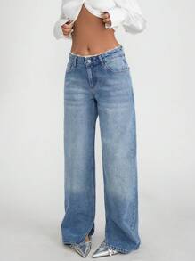 EURMUSE LOW WAIST RHINESTONE WAISTBAND DETAILED LOOSE STRAIGHT LEG Blue JEAN - Medium Wash - View 6