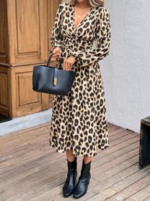 SHEIN LUNE V-Neck Puff Sleeve Lantern Sleeve Waist Ruched A-Line Midi Dress, Vintage Leopard Print, Casual Commuter Elegant Outdoor Wear, Long Sleeve, Autumn/Winter, For Women