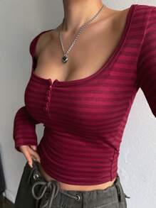 DAZY Áo thun nữ tay dài ôm vừa vặn, kẻ sọc, dáng ôm, thường ngày, áo crop top, quần áo mùa thu, áo phông kiểu học sinh - Đỏ - Xem 3
