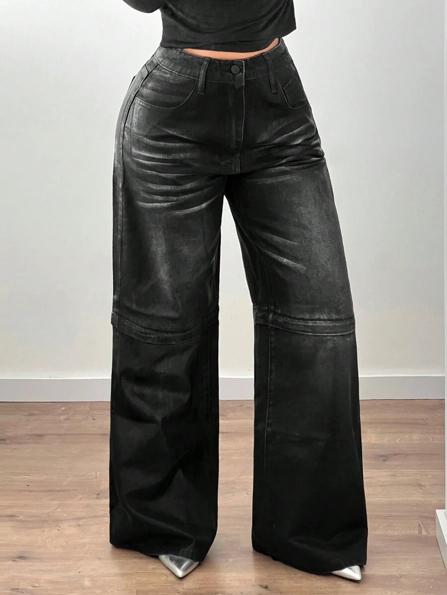 SHEIN ICON Women's Casual Front Button Pocket Simple Jeans, Everyday Wear - Black - View 1