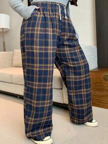 Dazy Plus Plus Size Elastic Waist Drawstring Loose Plaid Casual Pants, Suitable For All Seasons Fall