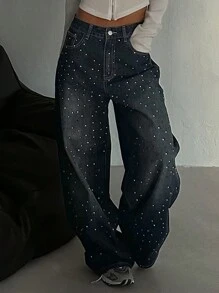 DAZY Women's Loose Flared Leg Jeans, Casual Rhinestone Decor Pockets,Baggy Jeans Sequin