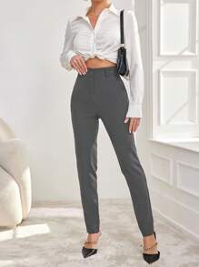 EURMUSE 女士純色簡約日常西裝褲 - 灰色 - 查看 3