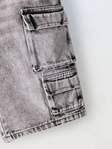 Tween Boy Front Button Multiple Pocket Simple Style Denim Shorts, Casual For Daily Wear, School, Campus, College - Grey - View 5