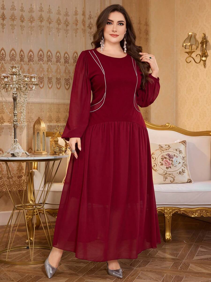 Modelyn Vestido elegante de chifón con parches y cintura ceñida, ruedo acampanado, para primavera/verano, talla grande - Rojo - Ver 1