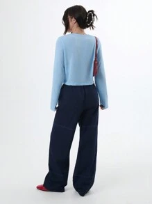 SHEIN Unity 半透明纯色纽扣圆领长袖上衣 - 藍色 - 查看 6