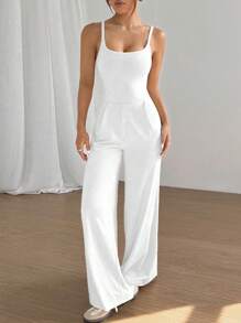 Flirla Women's Solid Color Spaghetti Strap Casual Loose Fitting Straight Leg Jumpsuit
