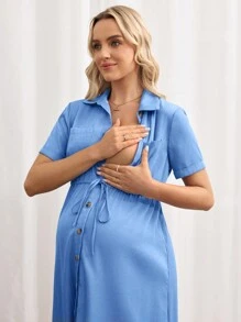 SHEIN Nursing Dress With Shirt Collar, Button Decor, And Drawstring Detail - Blue - View 4