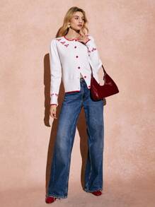 Poéselle 女士开衫毛衣，红色蝴蝶结开衫，情人节服装， - 白色 - 查看 3