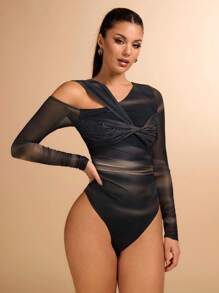 SHEIN BAE 女士时尚斜肩扭纹扎染长袖紧身衣，优雅设计适合派对、秋冬季日常穿着 - 彩色 - 查看 1