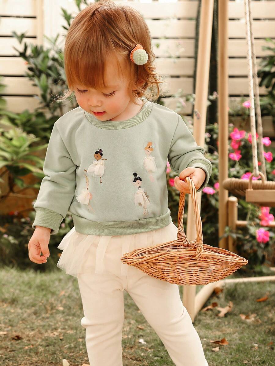 SHEIN Playful Pals 1set Baby Girls Casual Crew Neck Long Sleeve Sweatshirt And Straight Leg Pants, Fashion Outfit For Autumn - Green - View 1