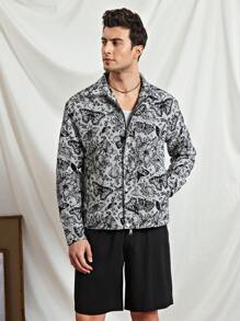 Manfinity VCAY 男士宽松落肩立领长袖提花大衣，适合秋冬季 - 黑色 - 查看 2