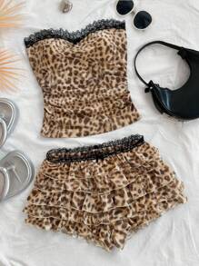 Soleia Conjunto de top tubo de punto con estampado de leopardo y shorts mini con volantes en múltiples capas para mujer, para vacaciones y fiestas - Multicolor - Ver 1