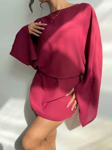 Aloruh Elegant Boat Neck Long Sleeve Batwing Sleeve Versatile Vintage Burgundy Shift Dress For Commuting - Burgundy - View 3
