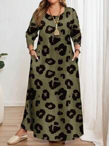 EMERY ROSE Plus Size Leopard Print Long Sleeve Maxi Dress: Casual Loose Fit For Women