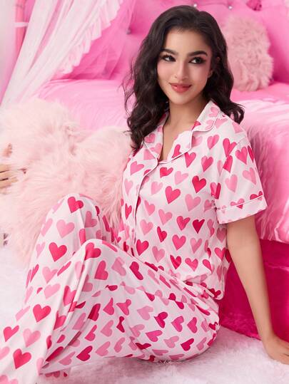 Kawaii Heartcatch Gradient Heart Print Lapel Short Sleeve Pajama Set With Long Pants, Valentine's Day Private Wish