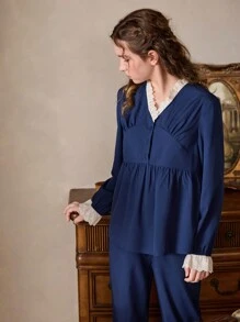 SHEIN 少女纯色海军蓝两件套睡衣套装，蕾丝撞色长袖上衣和长裤，休闲家居服