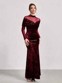 SHEIN Belle Women's Solid Color Form-Fitting Long Sleeve Cocktail Dress With Mesh Inserts, Wedding Guest Dress, Party Dress - Red - View 6