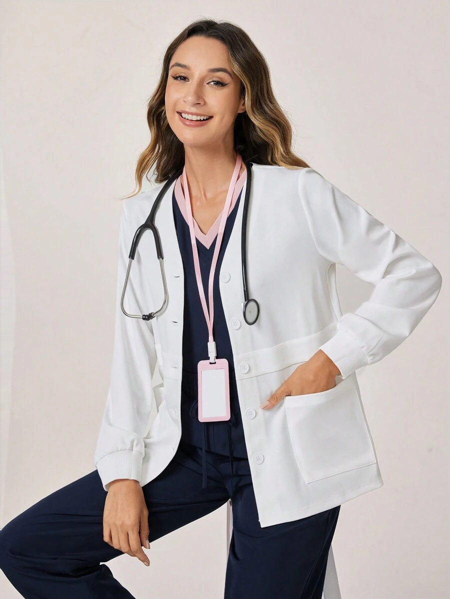 TaskEZ Women Scrub Uniform V-Neck Simple With Pockets Open Front Jacket, Autumn - White - View 1