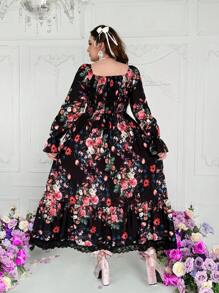 Lyrianda 印花优雅四向弹力长裙，宫廷风格设计，情人节 - 黑色 - 查看 3