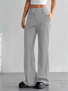 Flirla 女式低腰条纹长裤，简约休闲条纹裤，适合日常穿着 - 淺灰色 - 查看 3