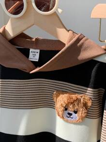 SHEIN Young Boys Casual Loose Comfortable Versatile Cute Plush Bear Patch Striped Pattern Hoodie & Pants Set - Khaki - View 6