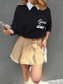 EURMUSE Women's Casual Loose Slogan Graphic Print Long Sleeve Sweater, Autumn/Winter - Black - View 3