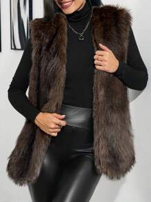 SHEIN Clasi Chalecos casuales sólidos y esponjosos para mujer en otoño/invierno - Marrón - Ver 6