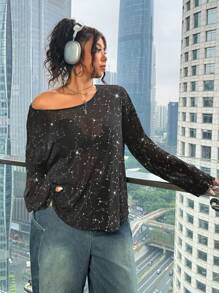 SHEIN EZwear 女士圆领长袖透明休闲衬衫，日常穿着 - 黑色 - 查看 4