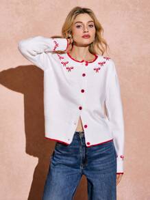 Poéselle 女士开衫毛衣，红色蝴蝶结开衫，情人节服装， - 白色 - 查看 1