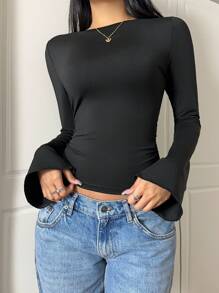 SHEIN EZwear Camiseta de mujer ajustada y sin espalda de punto negro, de estilo minimalista y casual para uso diario