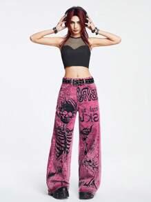 ROMWE Grunge Punk Spring/Summer Carnival Party Graphic Pink Punk Music Festival Pink Y2K Gyaru Baddie Skeleton & Gothic Letter Print Jeans Boy Friend Jeans - Pink - View 7