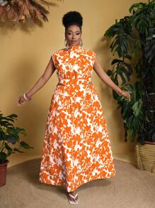 Slaydiva Váy chữ A in họa tiết trơn không co giãn cỡ lớn - trái cam - Xem 6