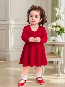SHEIN Baby Girl Elegant Solid Color Ruffle Hem Long Sleeve Dress, Autumn, For Christmas - Red - View 1