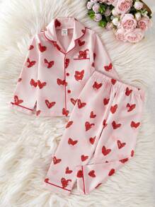 2pcs/Set Baby Girl Cute Pink Heart Pattern Long Sleeve Top And Loose Pants Sleepwear Set, Comfortable And Casual - Pink - View 5