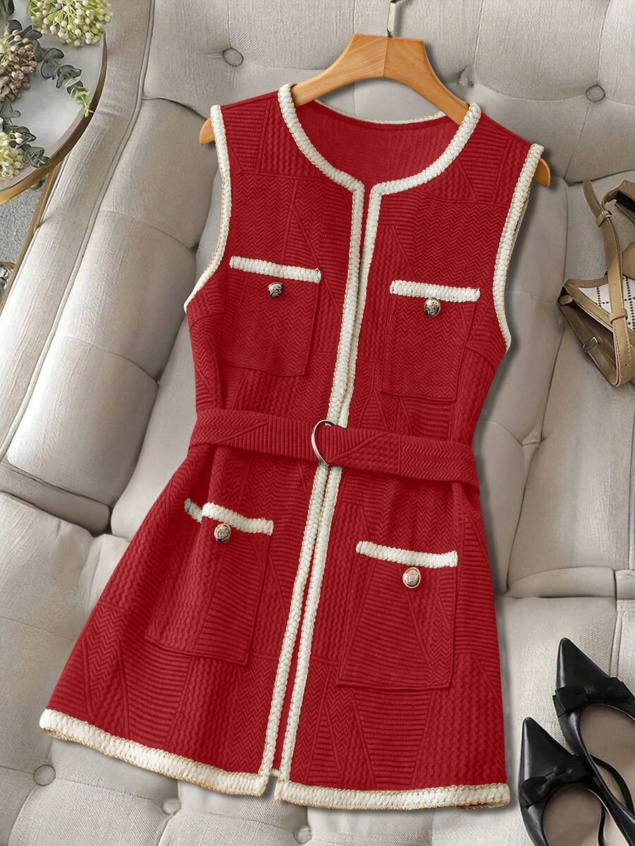 SHEIN Clasi 女士撞色边饰无袖口袋休闲宽松背心夹克 - 紅色 - 查看 1