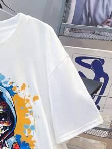 2 件装男童休闲卡通骷髅印花圆领短袖 T 恤和工装短裤套装，适合夏季上学、运动、郊游和度假 - 藍色 - 查看 3