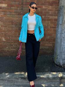 Forever 21 Fall & Winter Women's Baddie Airport For Women Formal Birthday Resort Wear Women Elegant Woman Clothing Long Sleeves Basic Going Out New Years Spring Clothes Oversized Style Cloth Vacation Vintage Clothes Women Modest Classy Casual Valentine's Day - Blue - View 3