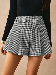 Poéselle 女士千鸟格褶皱宽松阔腿休闲短裤