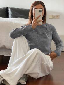 DAZY 2pcs/Set Women Solid Color Fitted Long Sleeve Sweater & Vest Pullover,Fall Clothes School - Grey - View 5