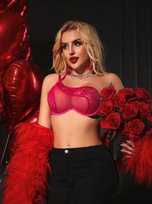 Valentine's Day Sexy Glamorous Charming Asymmetrical Floral Lace Sheer Patchwork Fuchsia Women's Lingerie Bra