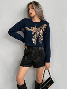 SHEIN LUNE Women's Crew Neck Loose Fit Sequin Butterfly Knit Pullover Knit Pullover Fall Winter Sweater - Navy Blue - View 4
