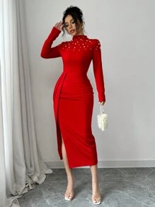 Elenzga Handgefertigtes gerafftes Seidenkleid mit gespaltenen Saum für Frauen