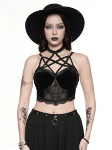 ROMWE Kamisol Beludru Wanita Model Gothic Gelap dengan Detail Bintang dan Tali Pengikat Salib, Kerah V, dan Detail Bintang - Hitam - View 7