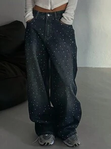 DAZY Women's Loose Flared Leg Jeans, Casual Rhinestone Decor Pockets,Baggy Jeans Sequin