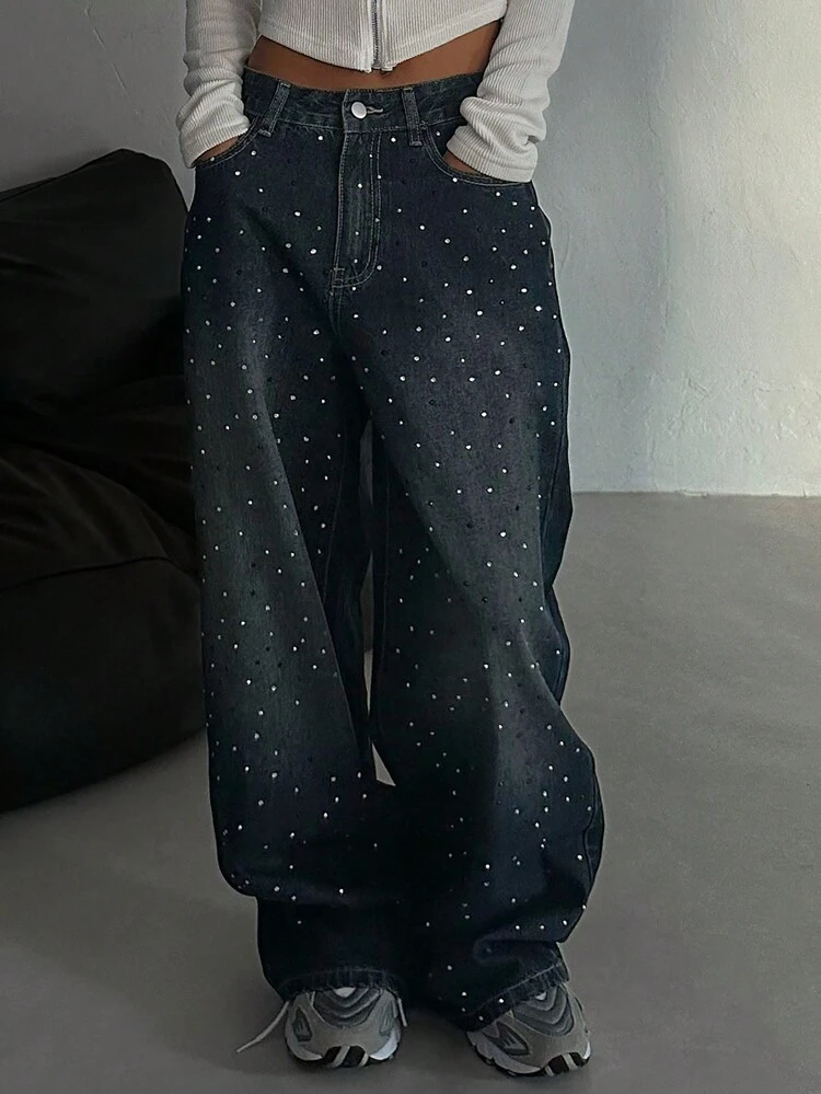 Women's Loose Flared Leg Jeans, Casual Rhinestone Decor Pockets,Baggy Jeans Sequin