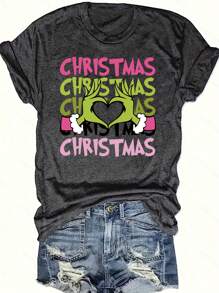 SHEIN Slayr Women's Casual Short Sleeve Crew Neck T-Shirt With Floral Gray Hand Shape And Heart Print