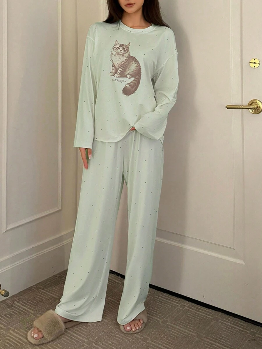 DAZY Cat Print Polka Dot Loose Pajama Set - Green - View 1
