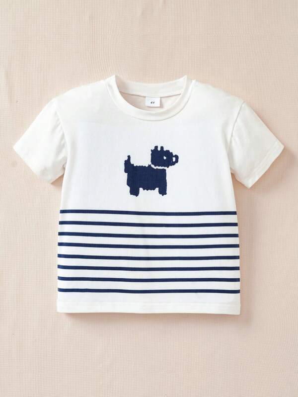 SHEIN Cartoon Dog Stripe Print Round Neck Short Sleeve Casual T-Shirt For Young Boys