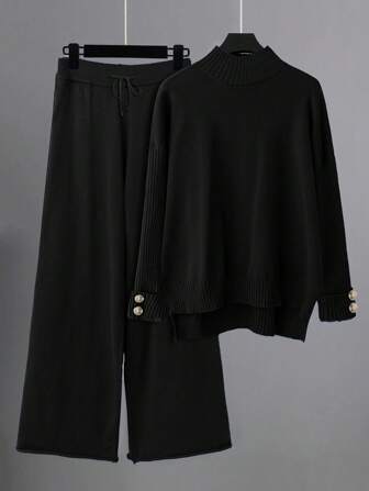 SHEIN LUNE Ensemble 2 pièces pour femmes grandes tailles, pull avec boutons décoratifs col rond bleu et pantalon pattes d'éléphant. Coupe ample et confortable pour l'automne/l'hiver